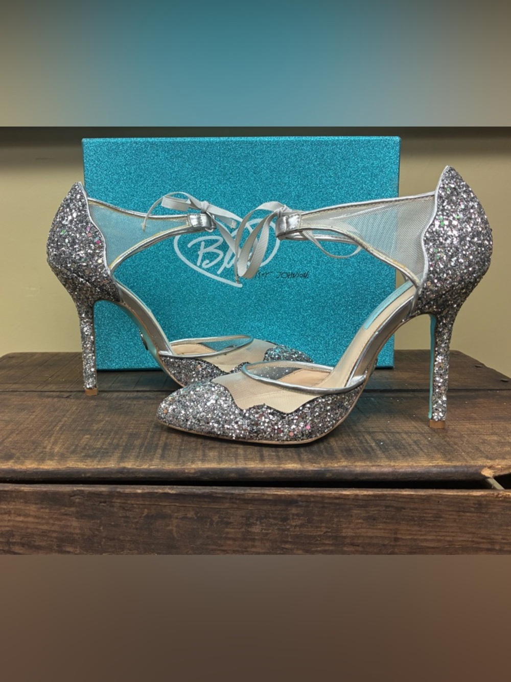 Betsey Johnson SB-Stela Silver Glitter Heels Size 7 Ankle Tie Mesh Pumps - Picture 5 of 7
